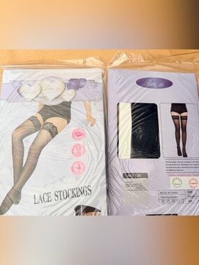 Sheer Lace-Top Thigh High Stockings - Black